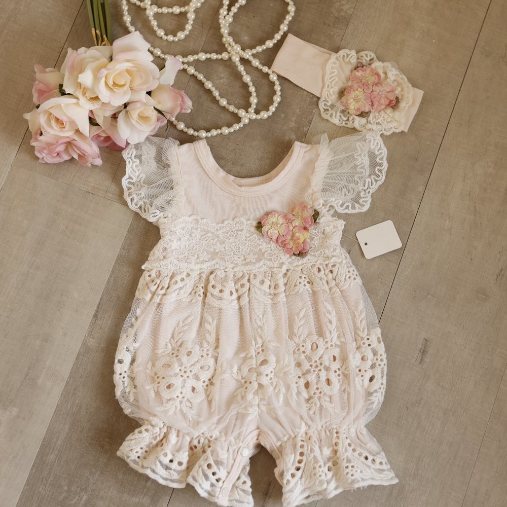 Ivory Embroidered Lace Romper AND Headband NWT Couture Boutique Peach Blush